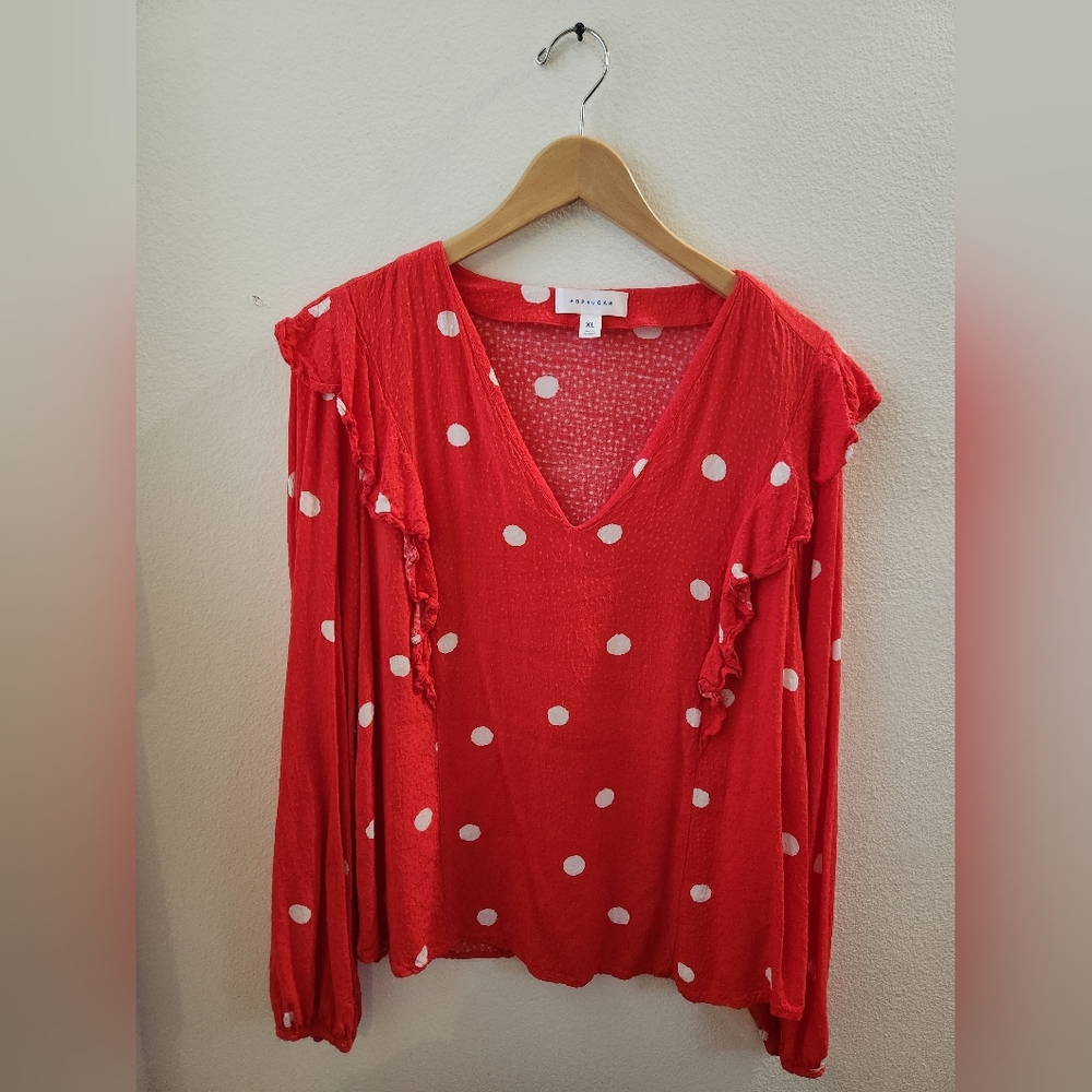 Popsugar Women's Polkadot Ruffle Long Sleeve Shirt Blouse Red White‎ Extra Large
